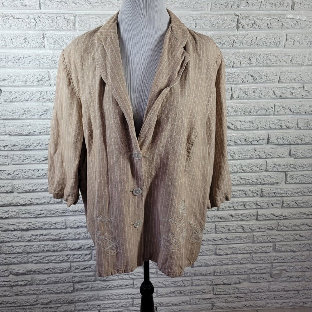 Maggie Barnes Blazer Jacket Womens 2X Tan Striped Embroidered Linen Blend SWE33E